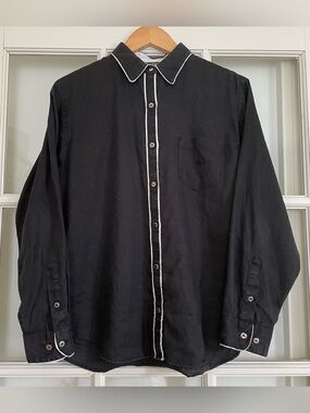 Ralph Lauren black linen long sleeve collared button up shirt white piping trim
